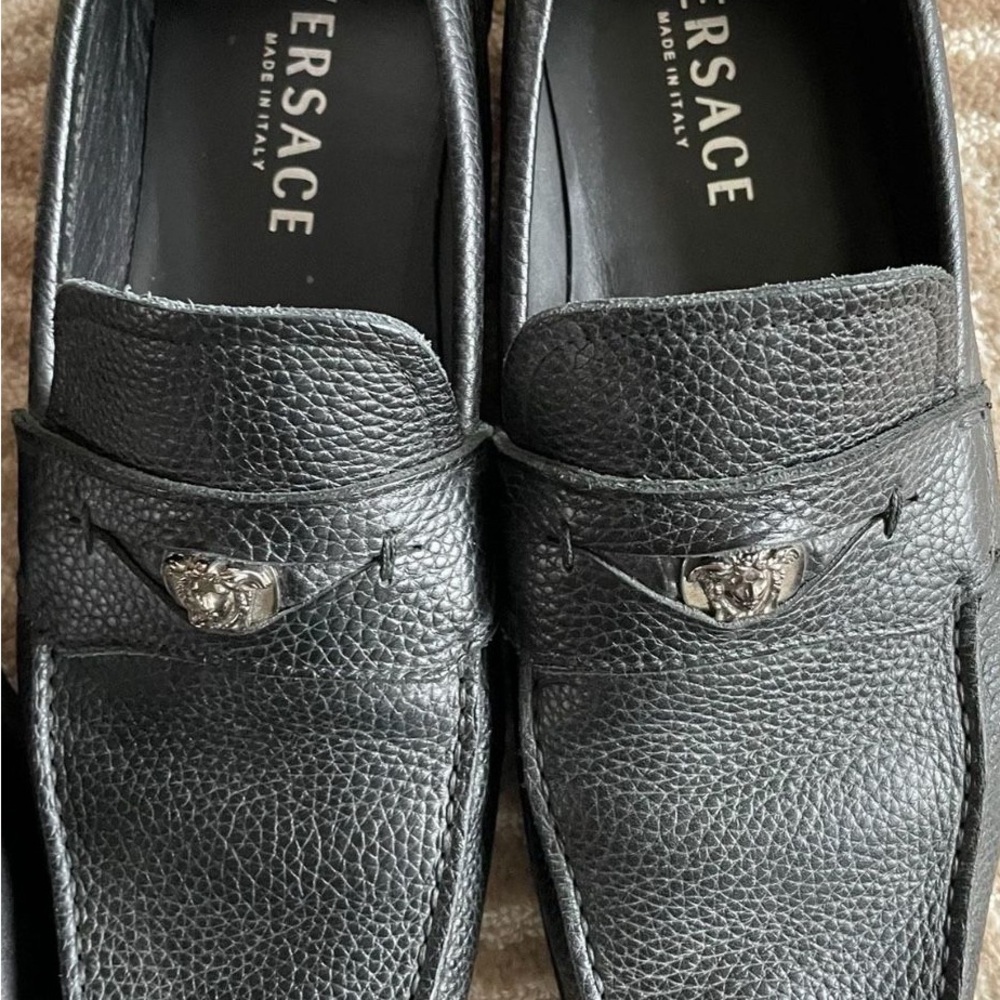 Versace Black Leather Loafers with Metal Emblem